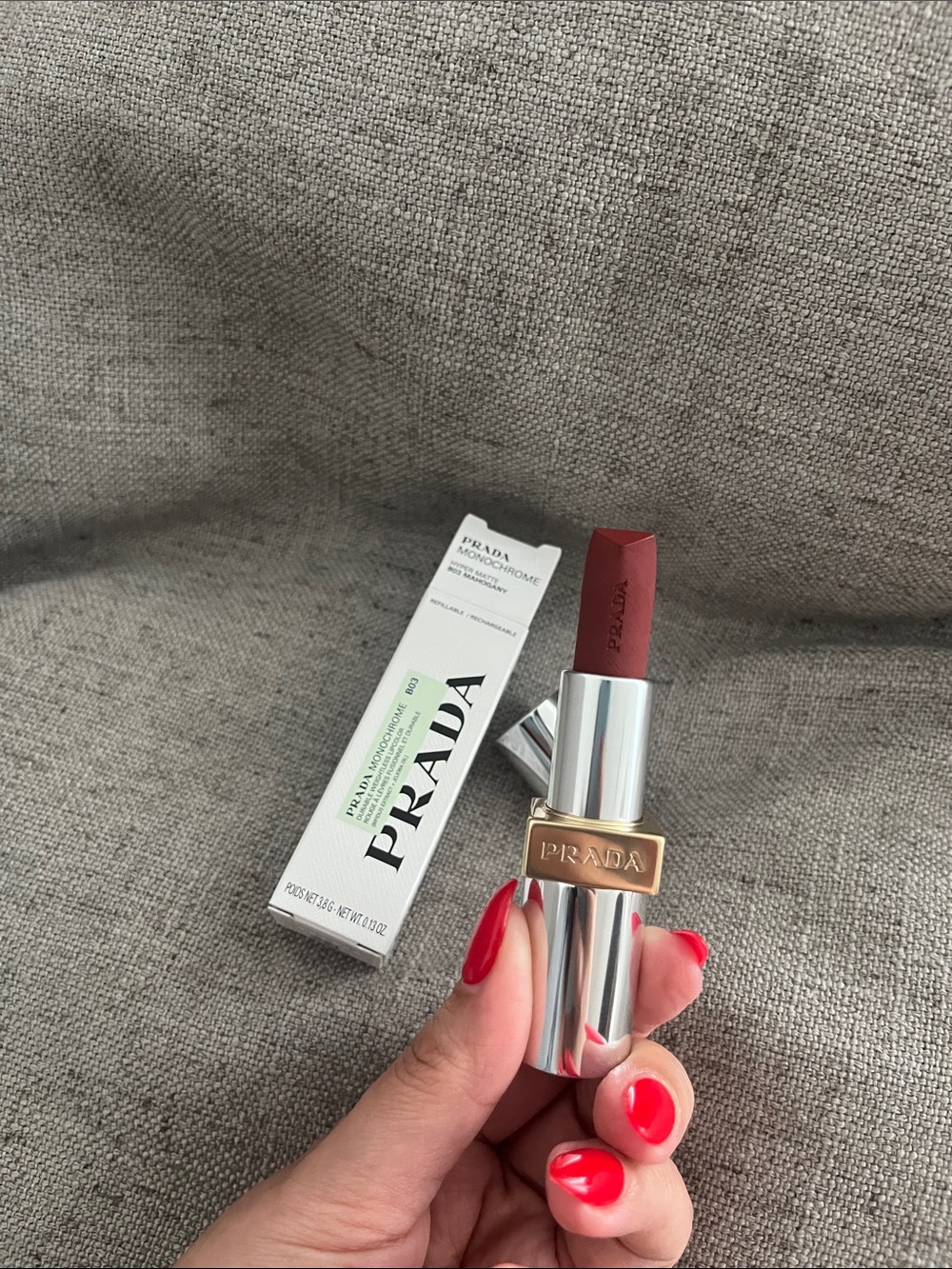 Prada Monochrome Hyper Matte Lipstick B03 Mahogany - Silver & Gold Accents - Picture 3 of 5
